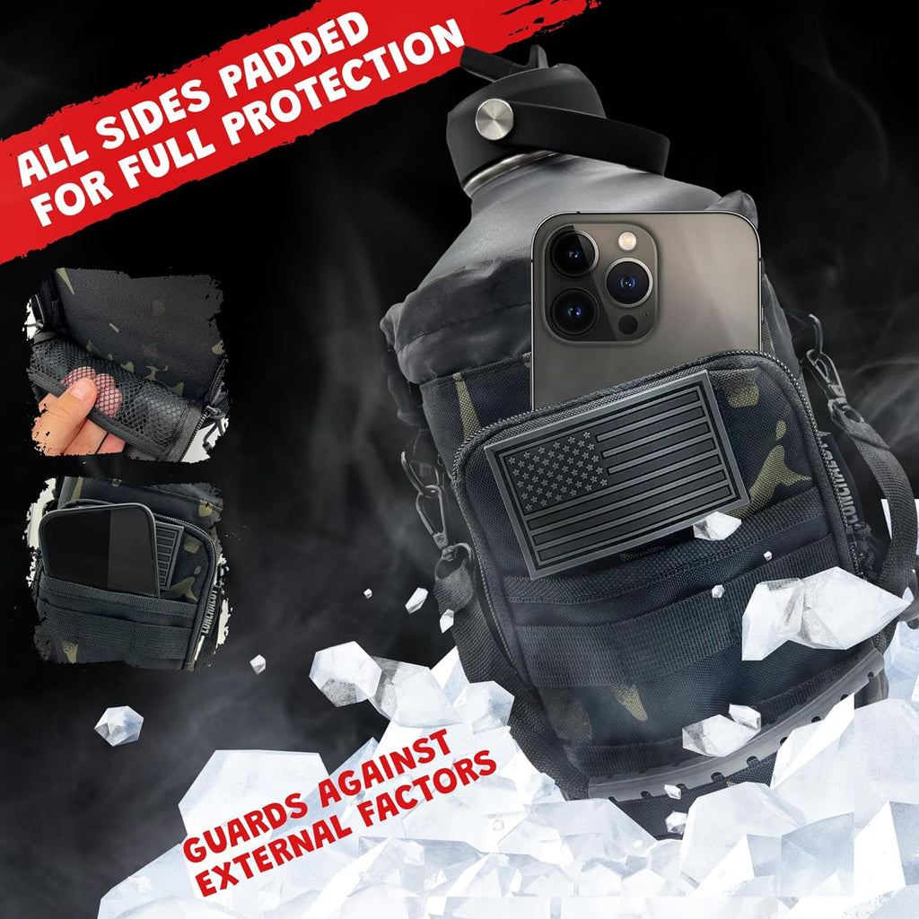 1 Gallon Water Bottle - 128 Oz Insulated Stainless Steel Metal Water Bottle with Holder - Carrying Bag - Spout Handle - Straw Lids - Keep Cold & Hot - Grey Tactical Flask