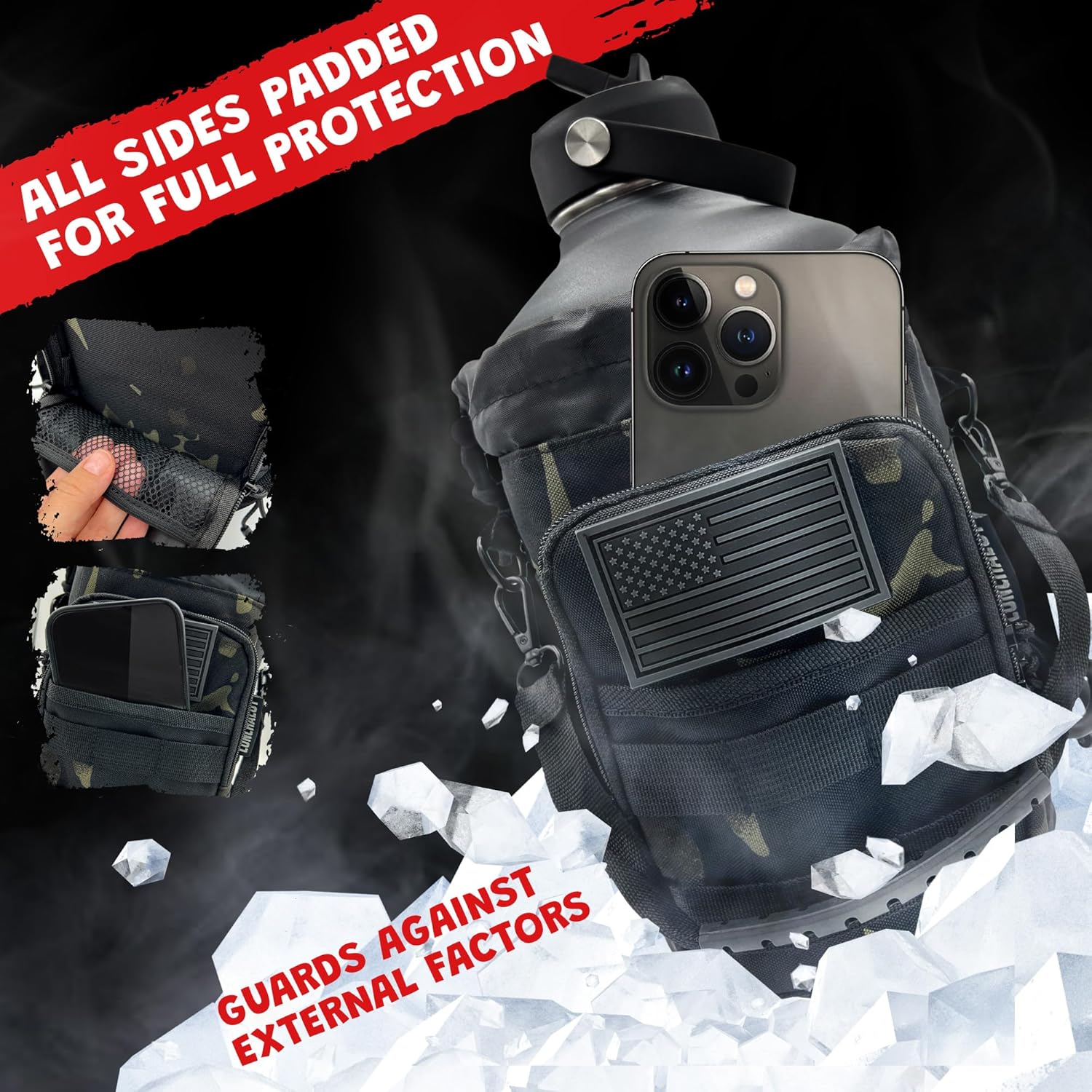 1 Gallon Water Bottle - 128 Oz Insulated Stainless Steel Metal Water Bottle with Holder - Carrying Bag - Spout Handle - Straw Lids - Keep Cold & Hot - Grey Tactical Flask