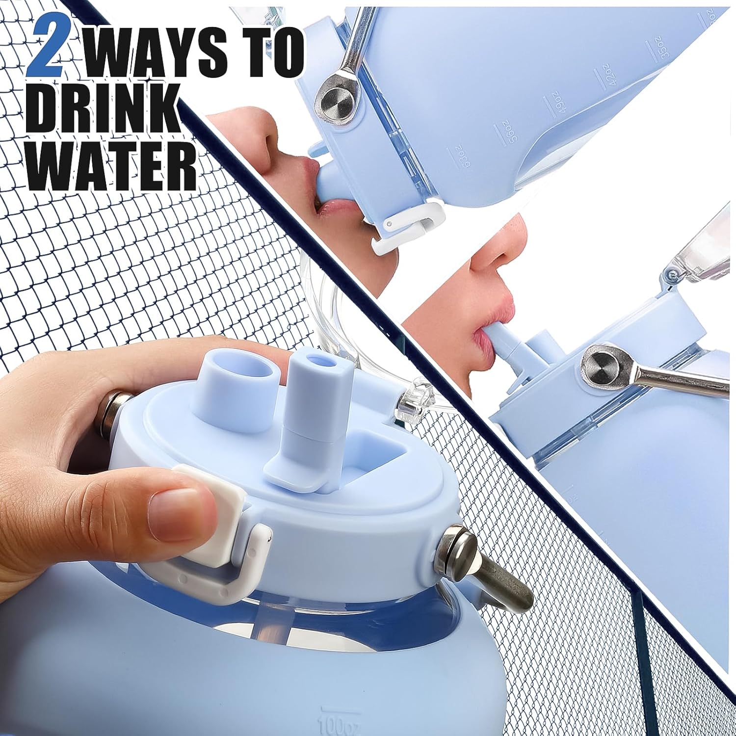 Large Glass Water Bottles with Stainless Steel Handle,100 oz Gallon Drinking Bottle with 2-in-1 Straw Lid,3 Liter Glass Water Jug with Silicone Sleeve,Wide Mouth,Light Blue