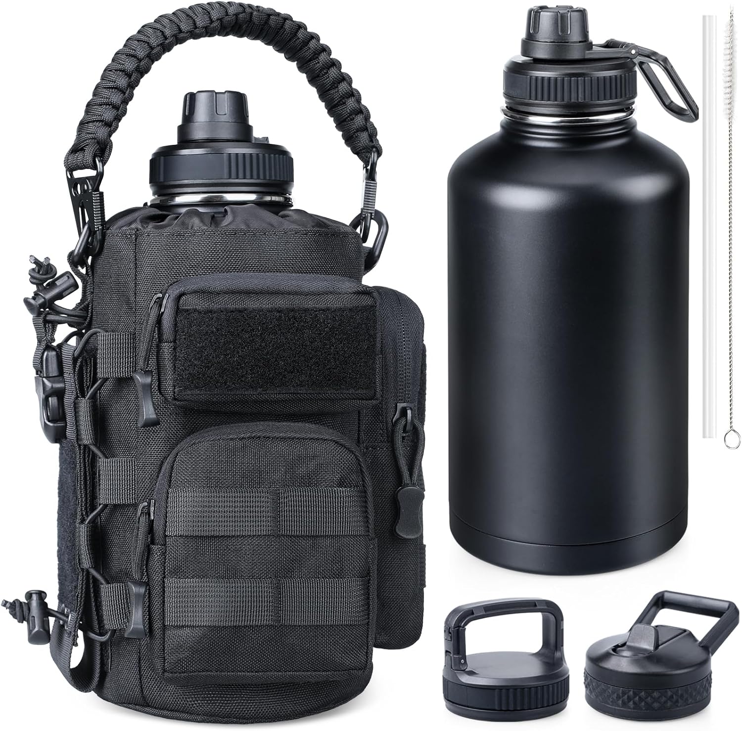64 oz Insulated Water Bottle with Sleeve, Half Gallon Stainless Steel Tactical Water Jug Large Military Water Bottle with 3-IN-1 Pouch/3 Lids/Straw/Paracord Handle for Gym, Camping, Workout