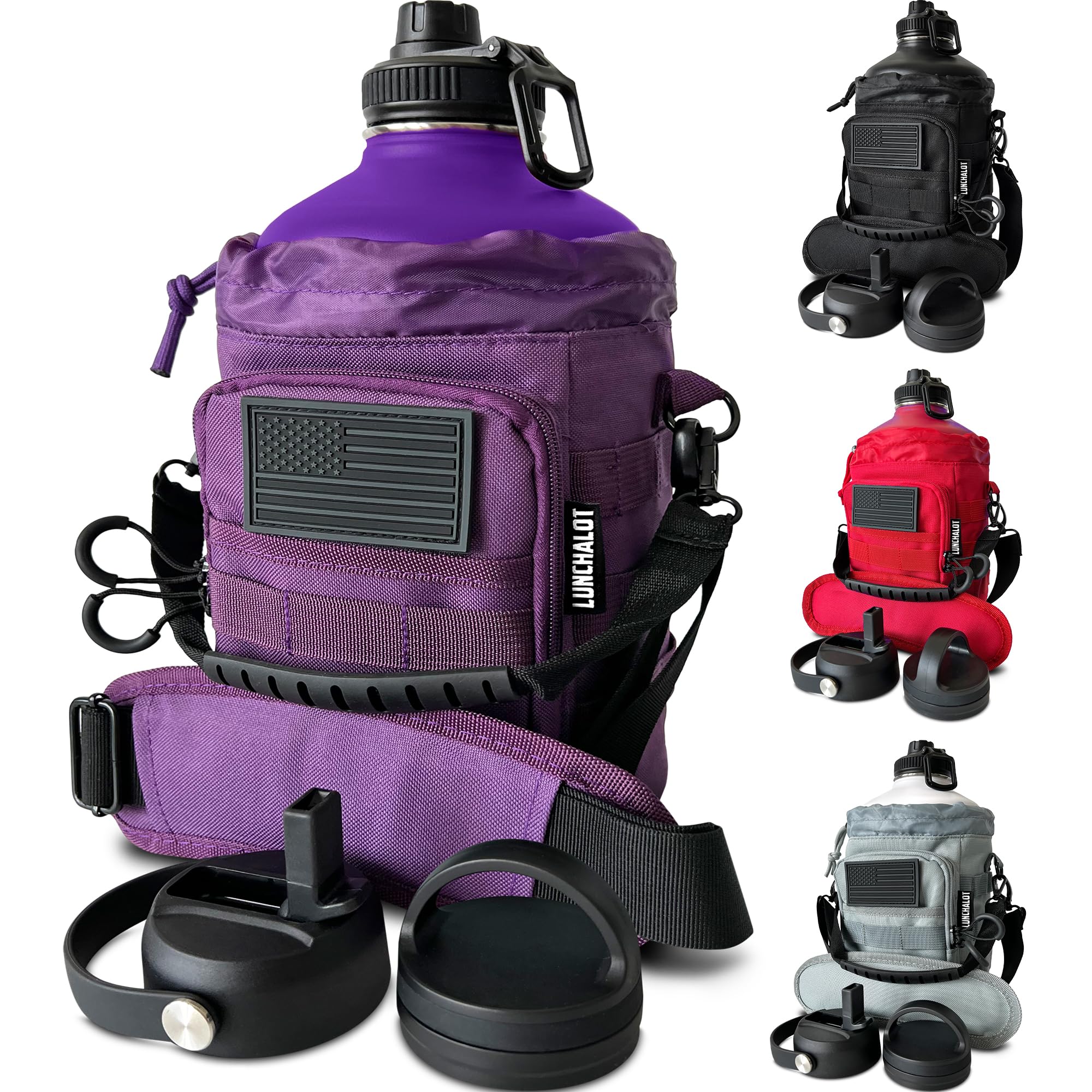 1 Gallon Water Bottle - 128 Oz Insulated Stainless Steel Metal Water Bottle with Holder - Carrying Bag - Spout Handle - Straw Lids - Keep Cold & Hot - Grey Tactical Flask