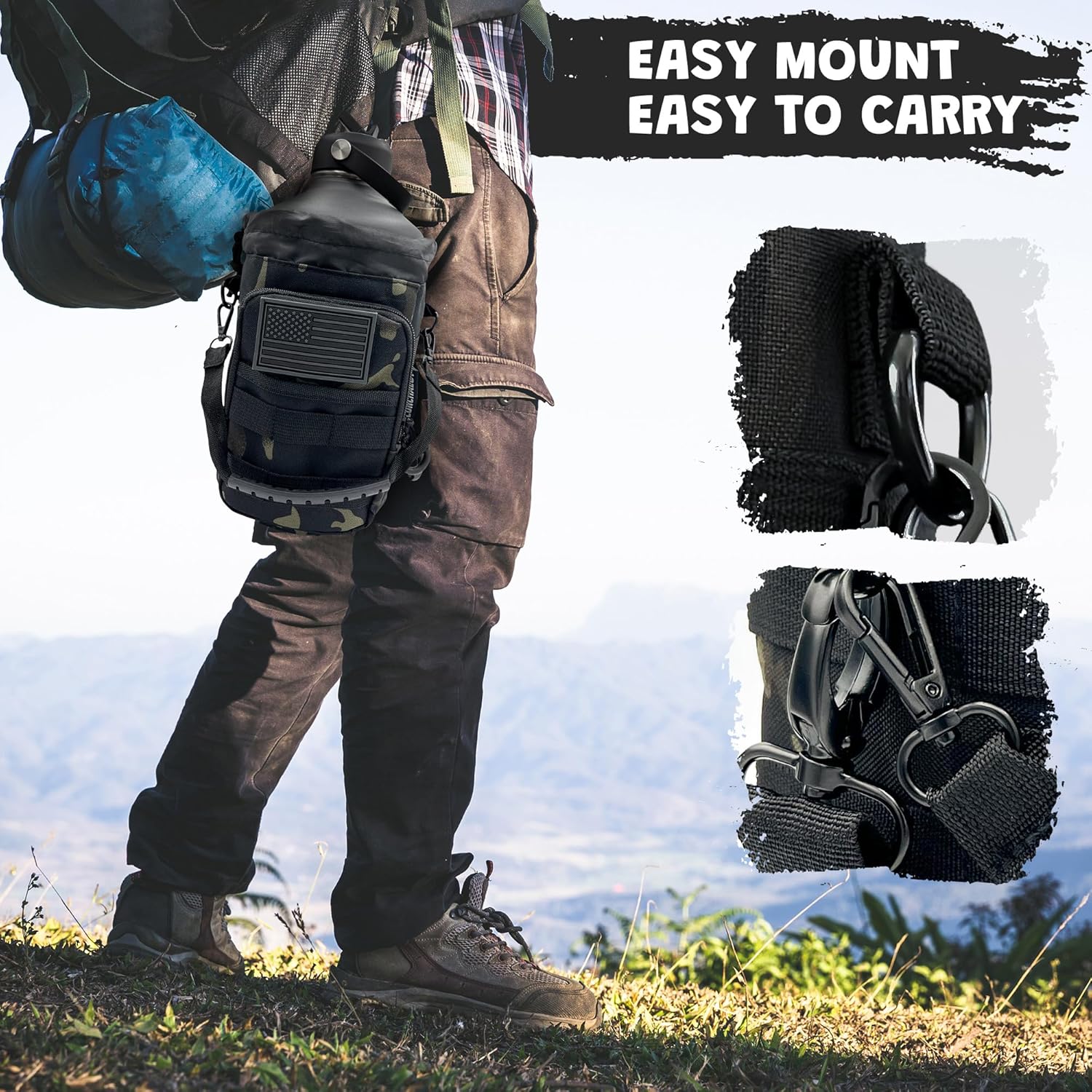 1 Gallon Water Bottle - 128 Oz Insulated Stainless Steel Metal Water Bottle with Holder - Carrying Bag - Spout Handle - Straw Lids - Keep Cold & Hot - Grey Tactical Flask