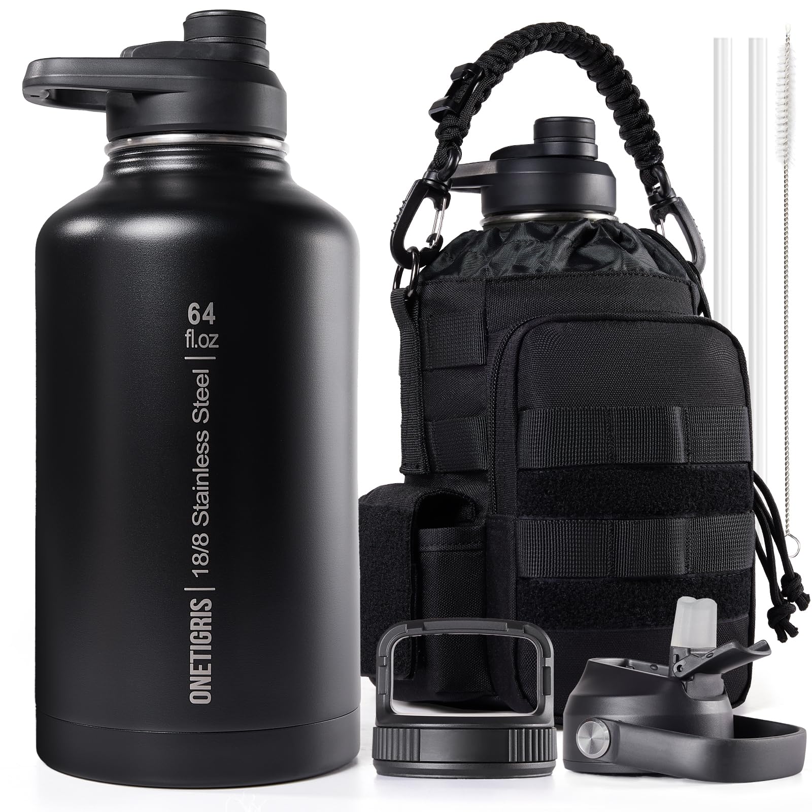 ONETIGRIS Tactical Half Gallon Water Bottle with Straw - 64 oz Vacuum Insulated Stainless Steel Water Jug, Leakproof Sport Bottle with 3 BPA Free Lids, Paracord Handle & MOLLE Water Pouch for Outdoor