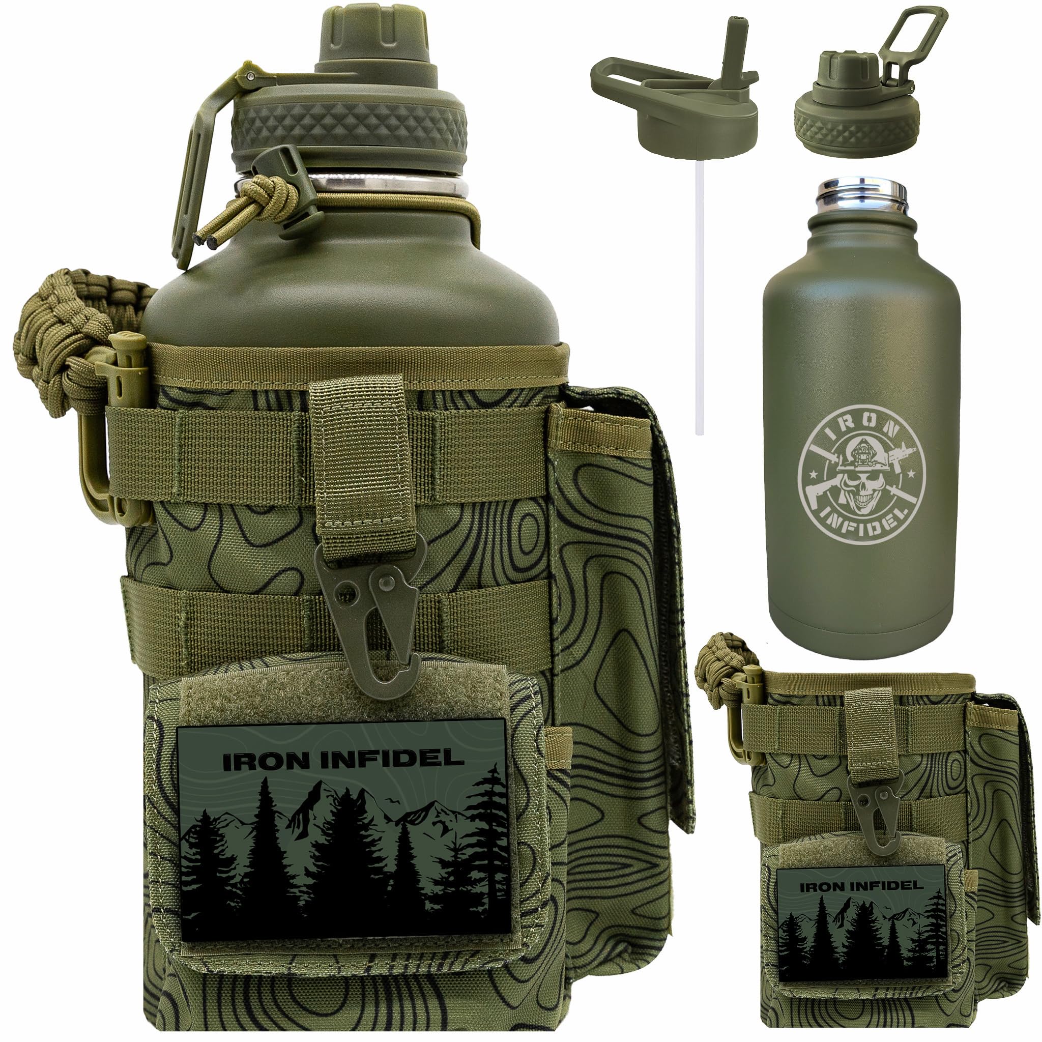 Iron Infidel Battle Bottle - Half Gallon Insulated Water Bottle with Paracord Handle - Large 64 oz Stainless Steel Water Jug & Rugged, Removable Sleeve For Keys, Wallet, Phone (OCP Camo 2 Liter)