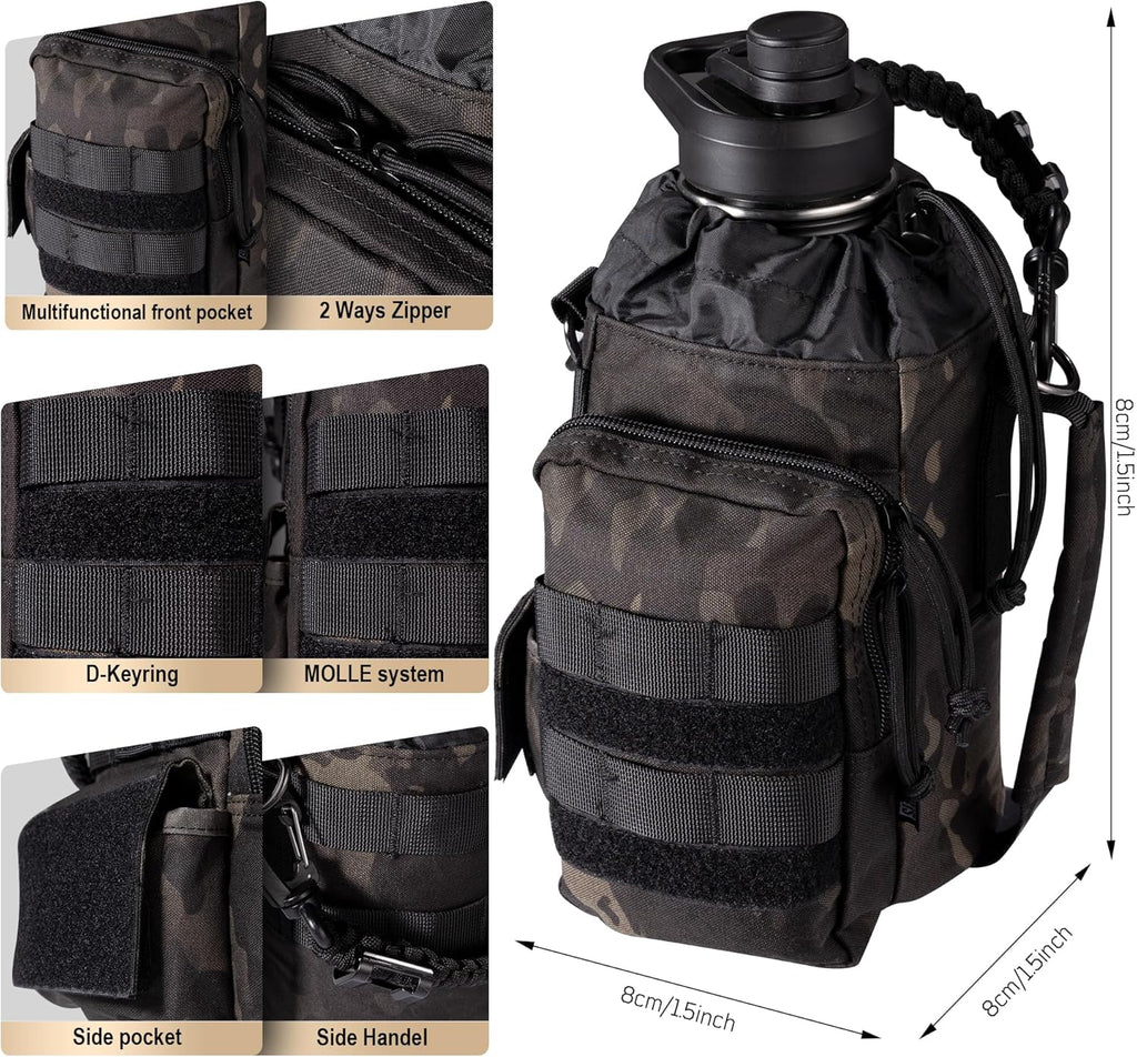 ONETIGRIS Tactical Half Gallon Water Bottle with Straw - 64 oz Vacuum Insulated Stainless Steel Water Jug, Leakproof Sport Bottle with 3 BPA Free Lids, Paracord Handle & MOLLE Water Pouch for Outdoor